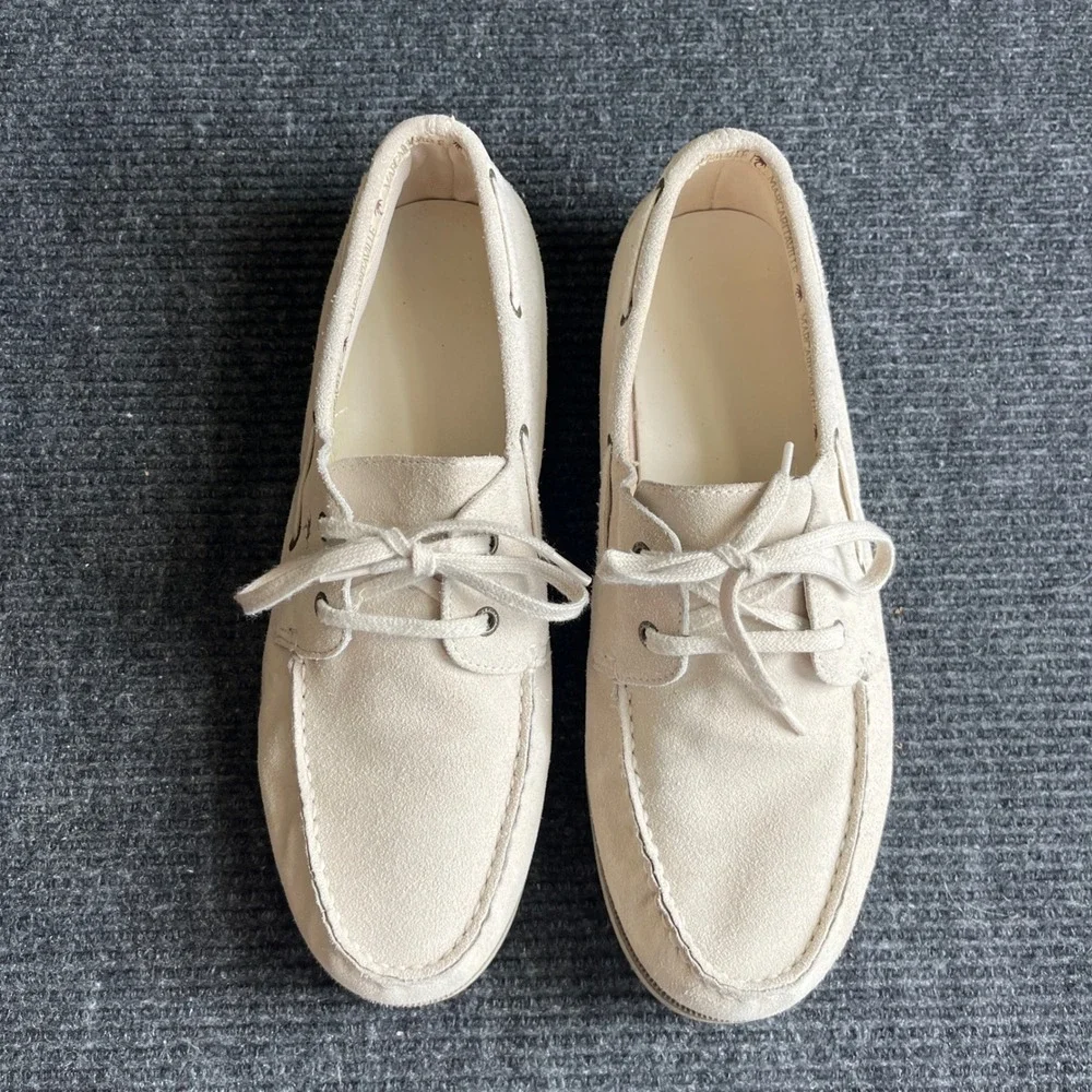 Margaritaville South Shore Boat Shoes Mens 14 Cream Suede Good Palm Tree Preppy